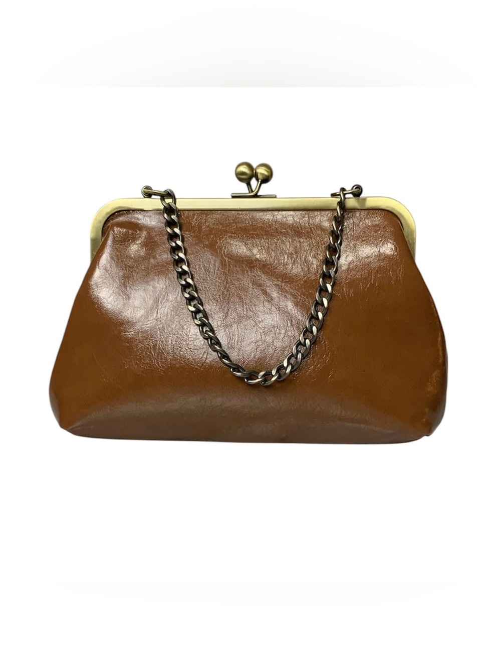 Cognac Retro Kiss Lock Faux Leather Shoulder Bag - Picture 3 of 7